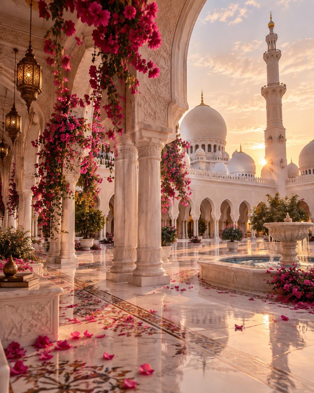 A serene mosque courtyard with arches, a fountain and pink bougainvillea in golden light